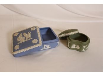 (2) Wedgwood Jasperware Pin Boxes With Classical Figures, Rosettes