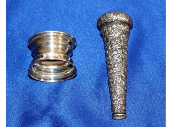 Sterling Silver Cane Handle With Raised Floral Pattern And A Napkin Ring