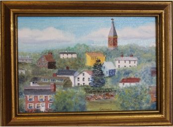 (20th C) Folk Art Painting Of An Early New England Town Signed Guinon