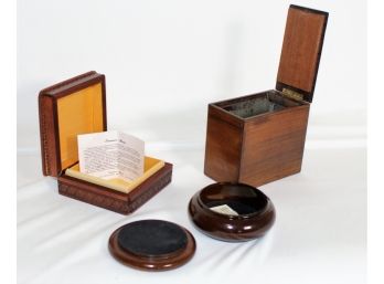 (3) Artisan Crafted Trinket Boxes Incorporating Exotic Woods And Agate Quartz