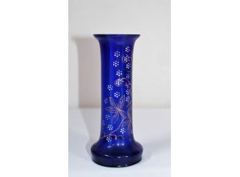 Antique Cobalt Bud Vase Decorated With Enameled Flowers