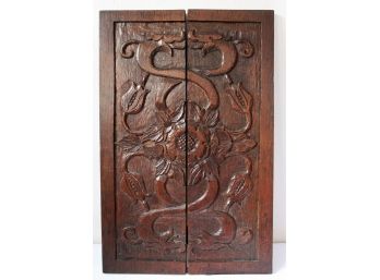 Antique Oak Panel Carved With Serpents  And  Stylized Tulips