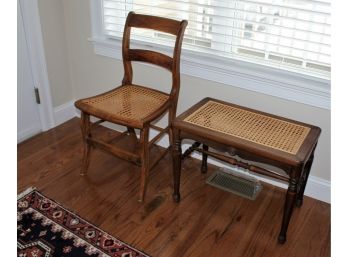 (2) Small Sabre Leg Side Chairs And Table With Cane Work Seat To Table Top