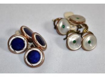 (2) Set Of  (4)  Enameled Buttons  / Studs  With Gold Bezels