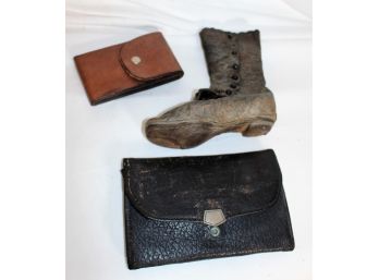 Leather Travel Cribbage Board, Toiletry Clutch And A Victorian Child's Boot