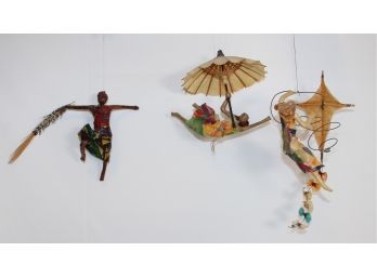 (3) Artisan Crafted Papier Mache Mobile Figures With Kites, Umbrella And Feather