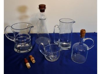 Danish Modern Glass Decanter, Pitchers And Wooden Bottle Stops