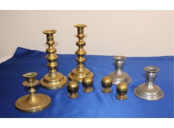 Pair Of Brass Candlesticks, Pair Of Pewter, A Single And (4) Brass Ball Finials