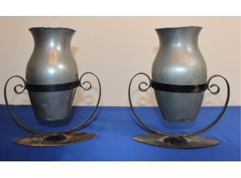 Pair Of Pewter Vases On Wrought Iron Stands