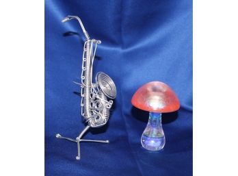 Miniature Wire Sculpture Of A Saxophone And An Artisan Crafted Art Glass Mushroom