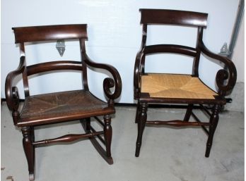 (2) Antique Mahogany Scrolled Arm Chairs With Rush Seats