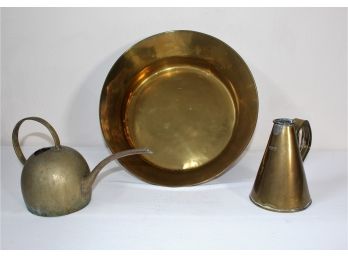 Antique Brass Pan, Watering Can And Pint Measure