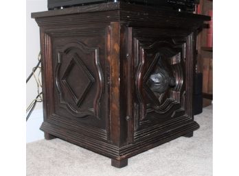 Heavily Paneled Spanish Colonial Style Hardwood Cabinet With Wrought Iron Pull