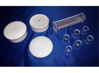 Dansk Covered Glass Containers, Glass Napkin Rings And A Glass Cracker Stand