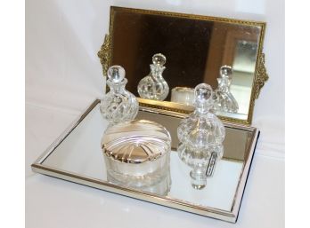 (2) Dressing Table Mirrored Trays Canister And (2) Perfumes