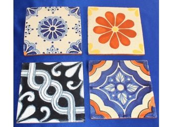 (3) Mexican Glazed Terracotta Tiles  And (1) Mexican Ceramic Trivet