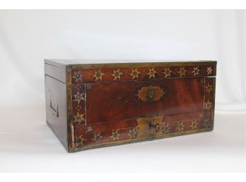 (19th C) Brass Bound Walnut Chest Inlaid With Repeating Stars And Beads