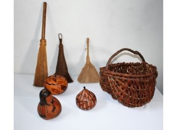 Grouping Of (3) Gourd Containers, (3) Brushes And A Basket