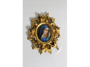 (19th C) Hand Painted Portrait Miniature  On Porcelain Of Mary In A Hand Carved & Gilt Florentine Frame