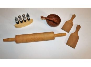 Danish Modern Bowl & Scoop,  Bottle Stops, Rolling Pin And (2) Butter Paddles