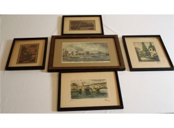 (5) Hand Colored (19th C) Prints Of European Attractions