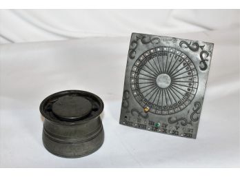 Pewter Calendar By Oneida And An Antique Pewter Inkwell Marked V 'crown' R