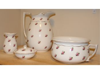 (4) Piece Rosebud Painted Bristol Porcelain Commode Set