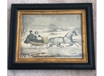 Original Currier And Ives Colored Lithograph 'the Sleigh Ride'