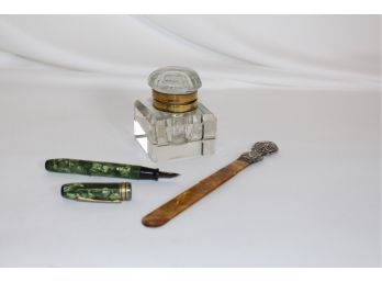 WEAREVER IRIDIUM TIPPED FOUNTAIN PEN, ART NOUVEAU LETTER OPEN & INKWELL