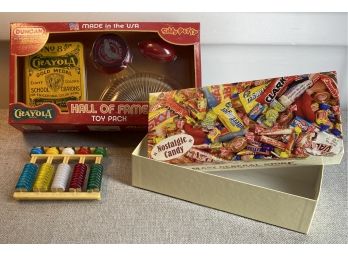 Vintage Toys And Colorful (empty) Candy Box