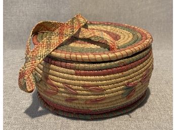 Handmade Coiled Grass Basket With Attached Lid