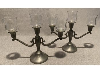 Pair Of Pewter Triple Candle Sticks,  Removable Glass Candle Cups