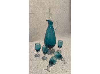 Vintage Teal Glass Cordial Set