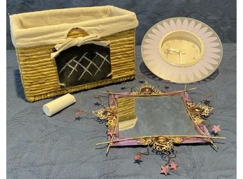 Childrens Room Decor Lot - Basket, Mirror, Clock