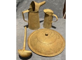 Antique Metal Pitchers, Spoon & Large Lid