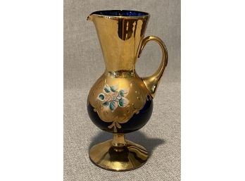 Beautiful Vintage Bohemian Cobalt Blue Glass Ewer (pitcher) With Golden Decoration