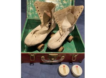 Antique Roller Skates - Wooden Wheels - Storage Box