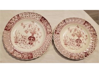 Two Antique Red Copeland Decorative China Plates - Vase & Flowers.  10 1/8' & 8 7/8'  Diameters