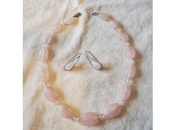 Special, Vintage And Lovely Rose Pink Quartz Oval Stones & Round Beads Necklace & Matching Earrings Set.