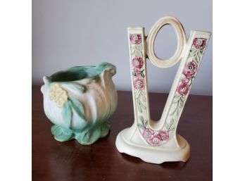 Two Vintage Weller Art Pottery Vases -circa 1940s - 8 1/8' Double Bud Vase & A Green With Yellow Flowers Vase