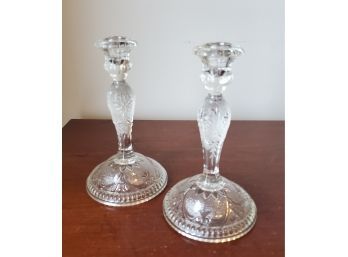 A Pair Of Lovely Floral - Designed Glass Candlestick Holders   8 3/4' Tall With Pretty Flower - Blossom Tops