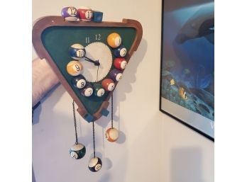 Unique & Fun Pool Table Wall Clock With 15 Pool Balls, Green Top, Chalks -Movement Drive Needs Replacement