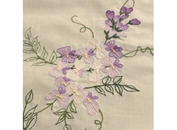 Vintage Embroidered Table Linens With Lavender Tones Of Pretty Flowers -tablecloth & 4 Napkins