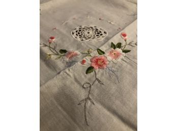 Vintage Embroidery Linens Set - * Never Used * Pink Edging & Pretty Flowers Tablecloth, 6 Napkins,& Linen Bag