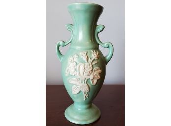 Glossy Weller Cameo Vase - White Wild Rose, Fuchsia & Daisy On Green With Two Flowing Handles