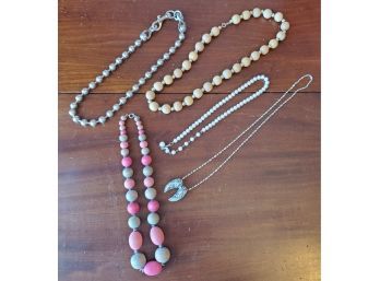 Selection Of Five Lovely Costume Jewelry Necklaces - Colored Wood Spheres, Metal Globes, Faux Pearls, Links