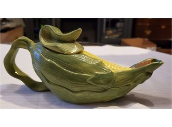 Vintage Pottery Corn On The Cob Lidded Gravy Boat - Pitcher