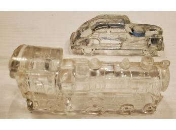 Two 1940s Clear Glass Figural Candy Containers - Train Engine  # 888 & Antique Automobile