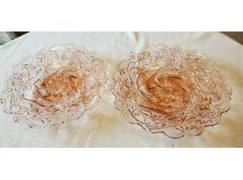 Two Lovely PINK Glass Plates -heavily Decorated Design With Flowers, Swirls & Floral Patterns 8.75' Diameter