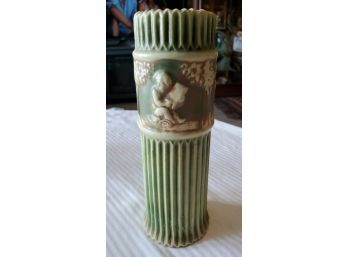 Roseville Donatello With Ivory Cherubs On Brown Friezes & Fluted Green And Ivory Vase. Circa 1915-25.